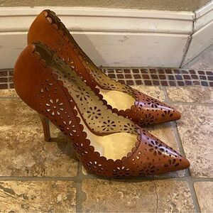 KATE SPADE Lana Brown Tan Laser Cut Floral Leather Pointed Toe Pumps Size 9B
